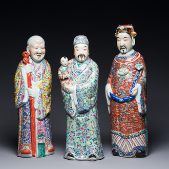 Three Chinese famille rose figures of star gods, seal marks, 19/20th C.