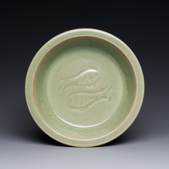 A Chinese Longquan celadon brush washer with anhua fish design, Yuan/Ming