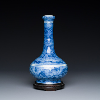 An exceptional Chinese blue and white 'mythic animals' garlic-mouth bottle vase on wooden stand, Kangxi mark and of the period