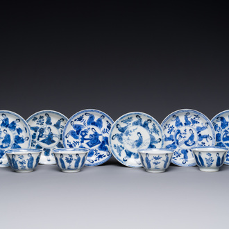 Six Chinese blue and white 'Long Eliza' cups and saucers, various marks, Kangxi