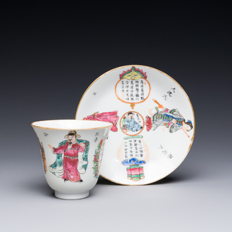 Tasse et soucoupe en porcelaine de Chine famille rose à décor 'Wu Shuang Pu', 19ème