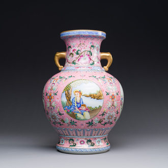 A Chinese famille rose pink-ground 'European scene' vase , 20th C.