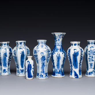 Seven Chinese blue and white 'Long Eliza' miniature vases, Kangxi