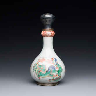 A Chinese famille verte 'qilin' vase with silver mounts, Kangxi