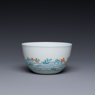 A Chinese doucai 'goldfish' cup, Cai Hua Tang Zhi 彩華堂製 mark, 18th C.