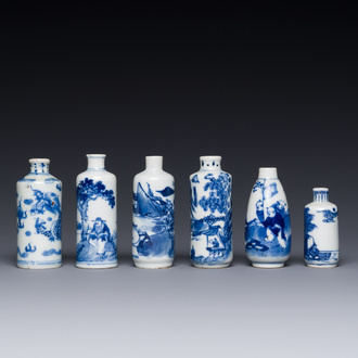 Six Chinese blue and white snuff bottles, 19th C.