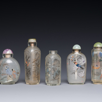 Five Chinese inside-painted glass snuff bottles, 20th C.