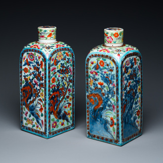 A pair of Chinese blue and white square flasks with European overdecoration, Kangxi