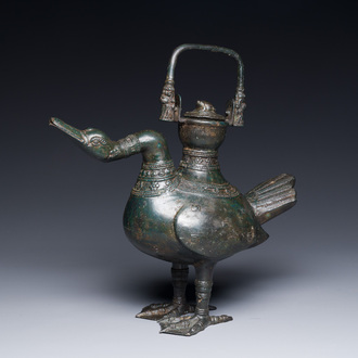 A Chinese archaistic bronze wine vessel in the shape of a goose, Song