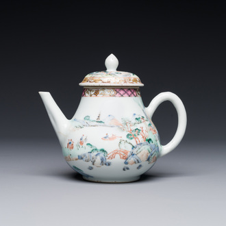 A Chinese famille rose teapot with landscape design, Yongzheng