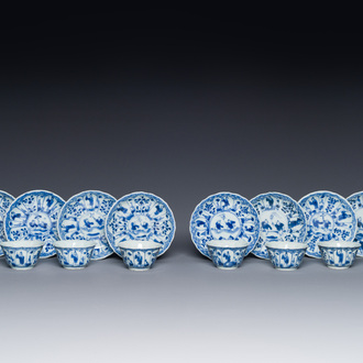 Huit tasses et soucoupes en porcelaine de Chine en bleu et blanc à décor de garçon et cerf-volant, Yongzheng