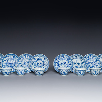 Eight Chinese blue and white 'kite flying boys' cups and saucers, Yongzheng