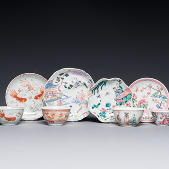 Four Chinese famille rose and iron-red cups and saucers, Yongzheng/Qianlong