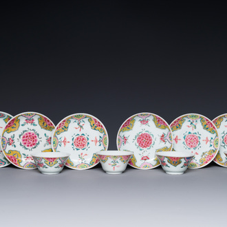 Five Chinese famille rose cups and six saucers with floral decor, Yongzheng/Qianlong