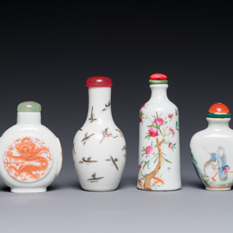 Four Chinese famille rose and iron-red snuff bottles, Qianlong and Yongzheng mark, 19/20th C.