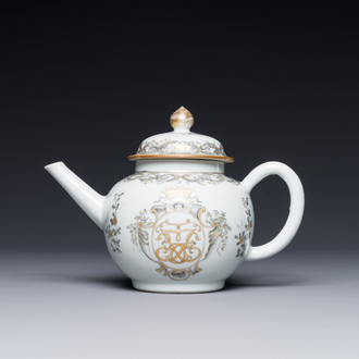 A Chinese monogrammed grisaille and gilt export porcelain teapot, Qianlong