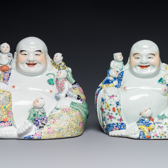 Two Chinese famille rose figures of Buddha, Zhu Mao Ji Zao 朱茂記造 and Zhu Yitai 朱義泰 mark, Republic