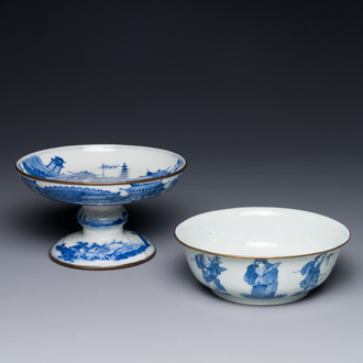 A Chinese blue and white 'Bleu de Hue' tazza and a bowl for the Vietnamese market, Shun Li Kun Ji 順利坤記 and Jin Yu Feng Ji 金玉鋒記 mark, 19th C.