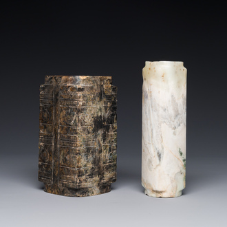 Two Chinese jade ritual 'cong' vases, 2/4th C. B.C.