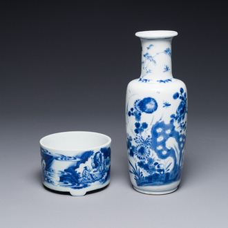 A Chinese blue and white rouleau vase and a tripod censer, Kangxi