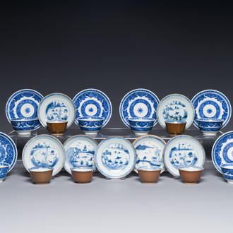 12 Chinese blue and white cups and 13 saucers, including capucin-brown glazed, Kangxi/Qianlong