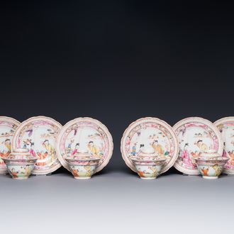 Six tasses et soucoupes et quatre couvercles en porcelaine de Chine famille rose de Canton à décor mandarin, Qianlong