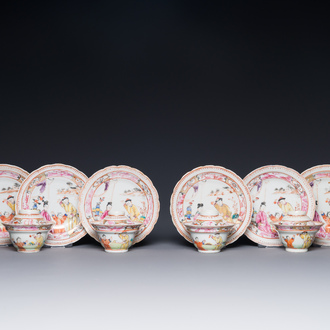 Six Chinese Canton famille rose 'mandarin subject' cups and saucers with four covers, Qianlong