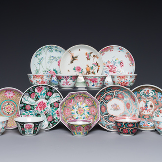 Neuf tasses et huit soucoupes en porcelaine de Chine famille rose, Yongzheng/Qianlong