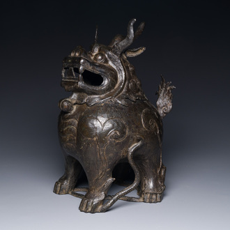 A large Chinese bronze censer and cover in the shape of a luduan, Ming