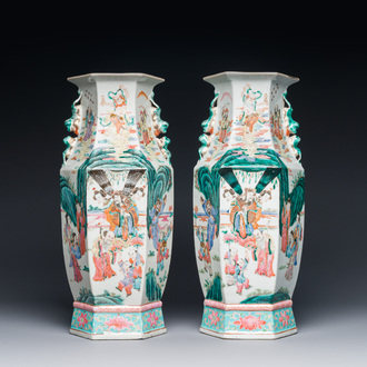 A pair of Chinese hexagonal famille rose vases, 19th C.