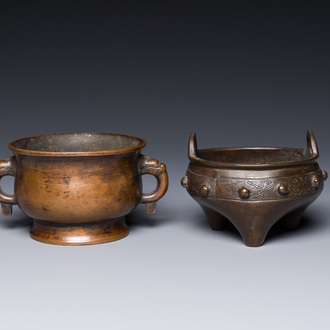 Two Chinese bronze censers, Xuande mark, Yuan/Ming