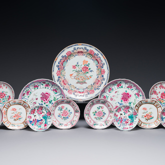 Three Chinese famille rose plates and ten saucers, Yongzheng/Qianlong