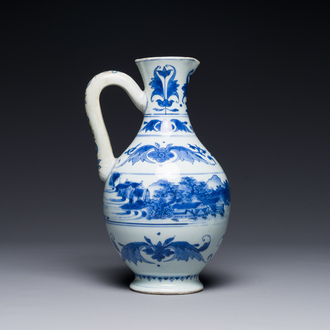 A Chinese blue and white ewer with landscape design, Transitional period