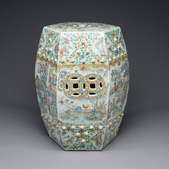 A Chinese Canton famille verte garden seat with figurative design, 19th C.