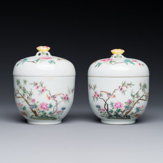 Une paire de pots couverts en porcelaine de Chine famille rose à décor d'oiseaux et de fleurs, marque et époque Guangxu