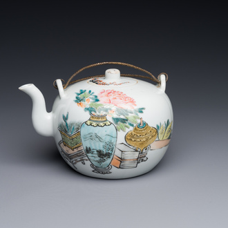 A Chinese qianjiang cai 'antiquities' teapot, Xu Pinheng 許品衡 signed, Tongzhi mark, dated 1889