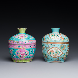 Two Chinese famille rose 'chupu' bowls and covers for the Straits or Peranakan market, Guangxu mark and of the period