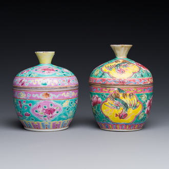 Two Chinese famille rose 'chupu' bowls and covers for the Straits or Peranakan market, Tongzhi mark and of the period