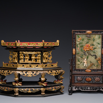 A Chinese wooden table screen with precious stones and an altar piece or 'chanab' for the Straits or Peranakan market, 19/20th C.