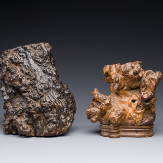 Two Chinese burl wood brush pots, 'bitong', 19th C.