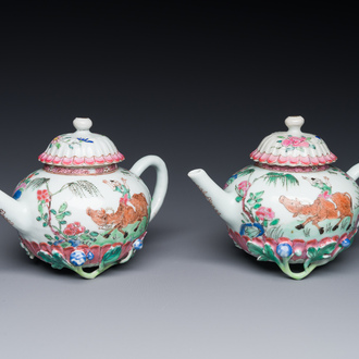 A pair of Chinese famille rose 'boy and buffalo' teapots, Yongzheng