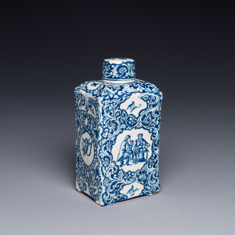 A rectangular Dutch Delft blue and white teacaddy and cover, 18th C.