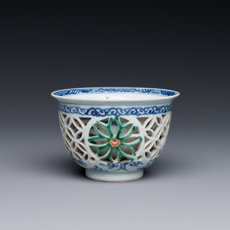 A rare Chinese reticulated double-walled famille verte cup, Kangxi