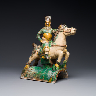 A Chinese sancai roof tile in the shape of a warrior on horseback, Ming