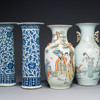 A pair of Chinese blue and white vases and two qianjiang cai vases, 19/20th C.