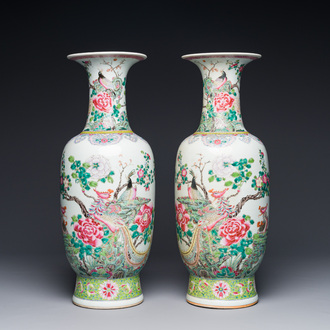 A pair of Chinese famille rose vases with birds among blossoming branches, Qianlong mark, Republic