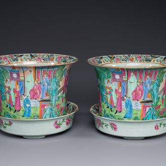 A pair of fine Chinese Canton famille rose jardinieres on stands, 19th C.