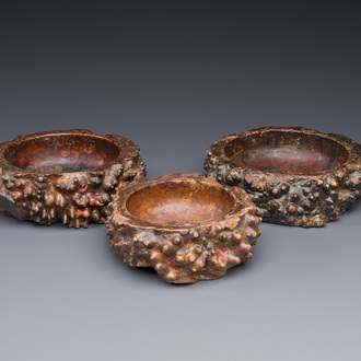 Three Chinese burl wood brush washers, 19th C.