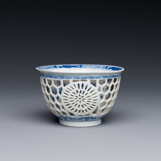 A rare Chinese reticulated double-walled blue and white cup, Kangxi