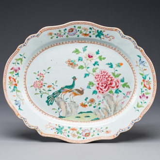 An oval Chinese famille rose dish with birds among blossoming branches, Qianlong